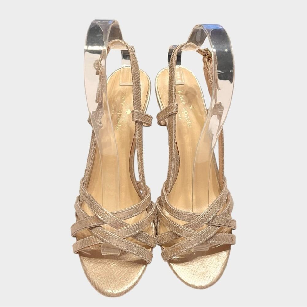KATE SPADE Platino Gold Snake Embossed Strappy Heels Size 8 Glam - Picture 3 of 9